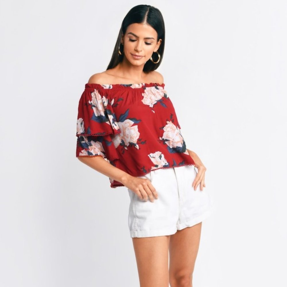 TOBI Rose Up Red Multi Off Shoulder Top
